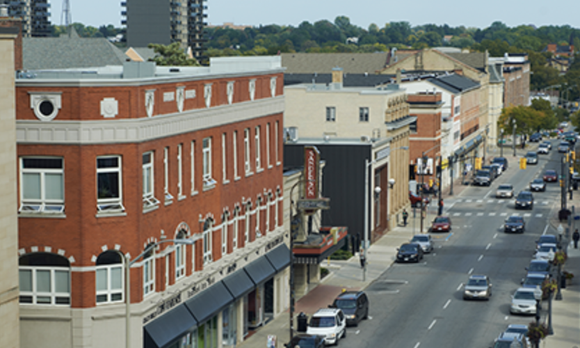 A wide shot of downtown Brantford, Ontario