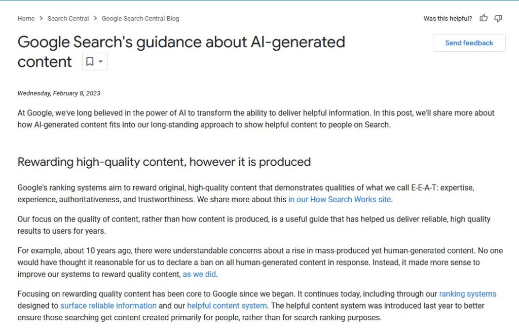 A picture of Google's policy on using Generative AI in your content.