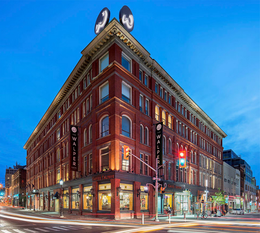 An angled shot of the Walper Hotel in Downtown Kitchener.