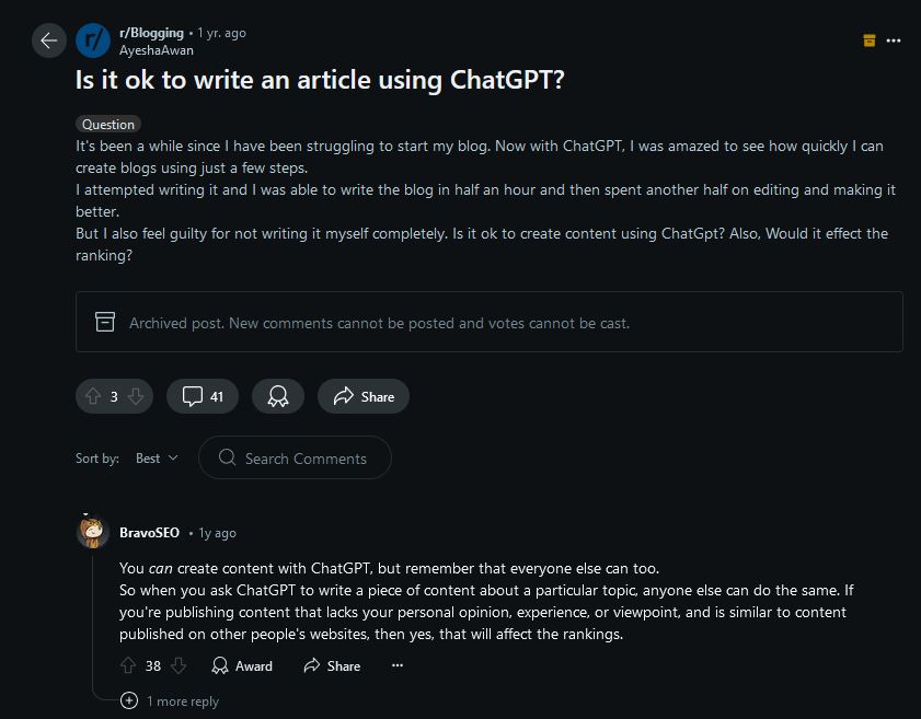 A picture of a response to AI blogging by a redditor on the r/blogging subreddit.