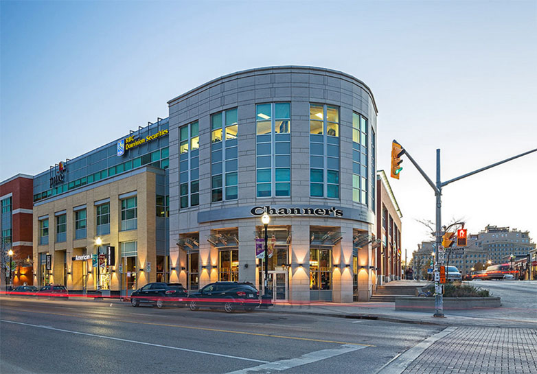 A shot of a street corner of the main drag in Waterloo, Ontario.