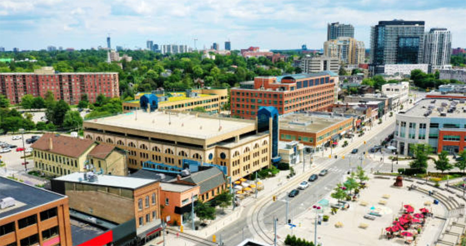 An aerial shot of the downtown Waterloo corridor. 